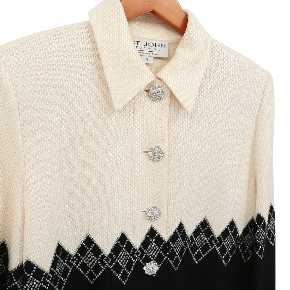 St. John Evening Black Ivory Paillette & Crystal Embellished Knit Jacket 6 - Picture 2 of 10